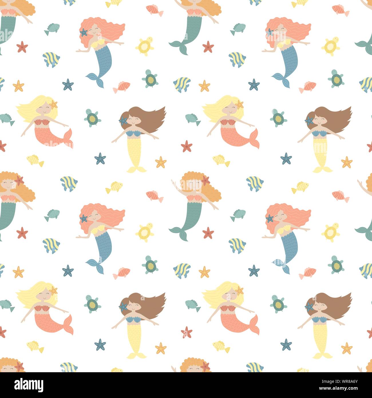 Seamless summer pattern with cute mermaids, fish and starfish. Vector ...