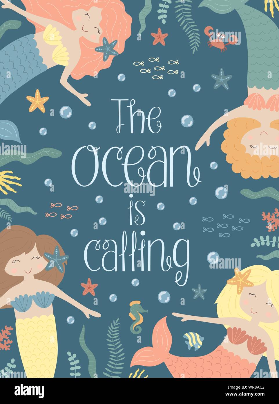 Vector image of cute little mermaids, seaweed, starfish, crab, seahorse, fish on the dark