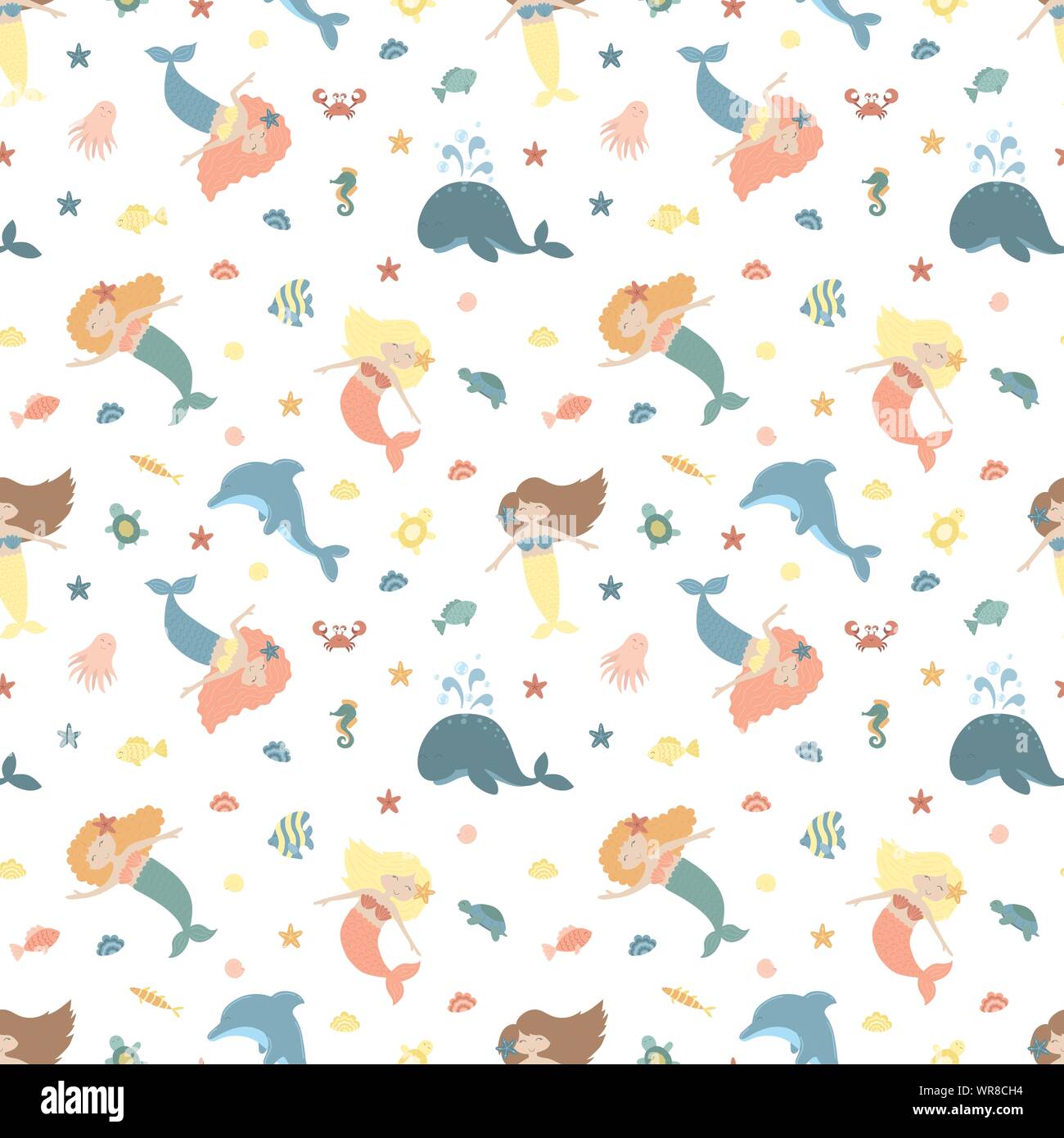 Seamless summer pattern with cute mermaids and sea animals. Vector ...