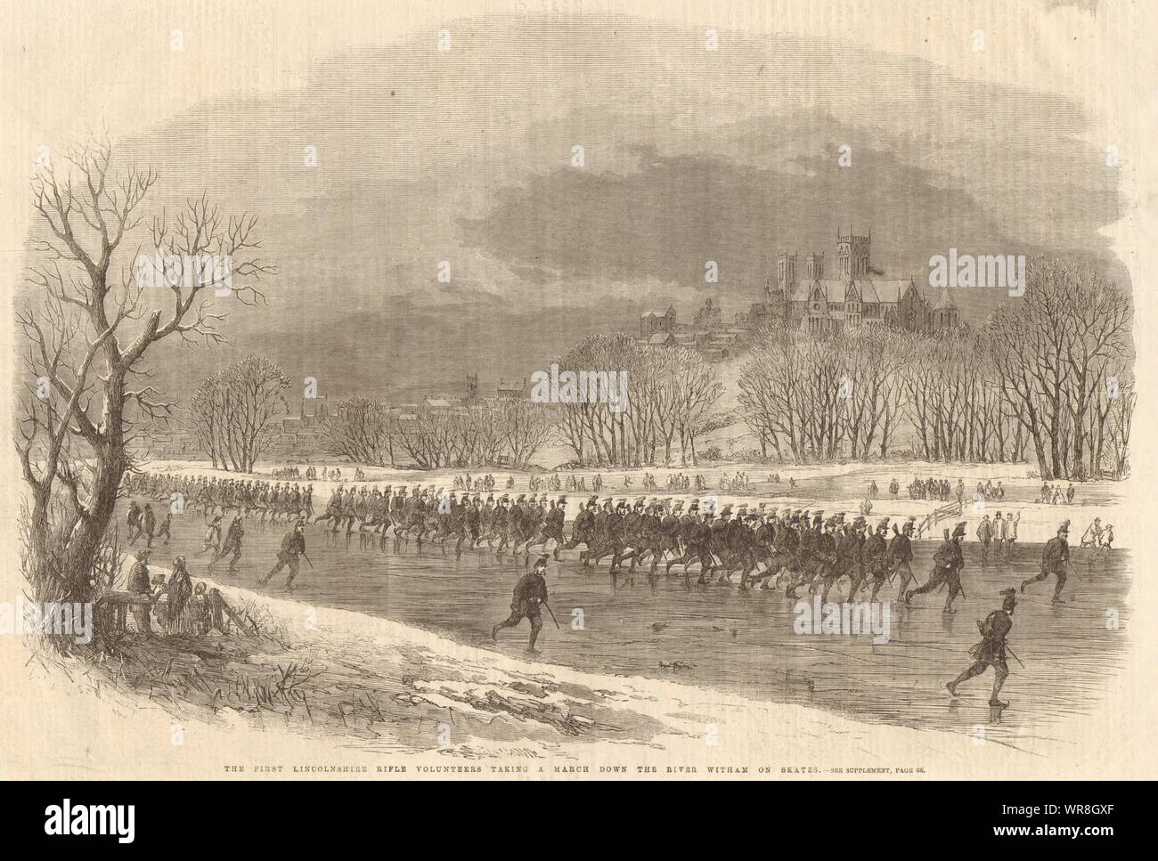 The First Lincolnshire Rifle Volunteers skating the frozen River Witham 1861 Stock Photo