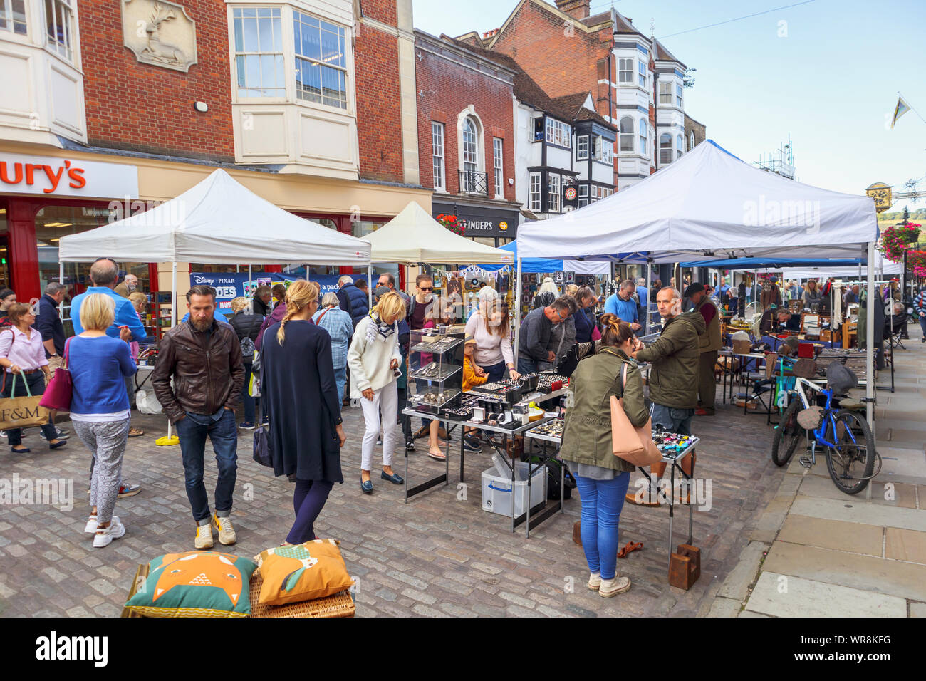 Stall view along High Street during the popular Sunday Guildford Antique & Brocante Street