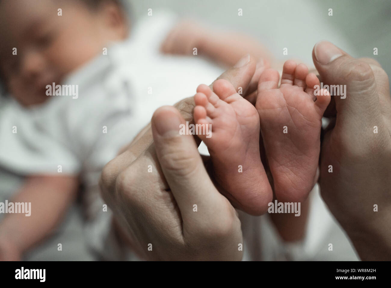 Mother hands holding baby feet Stock Photo