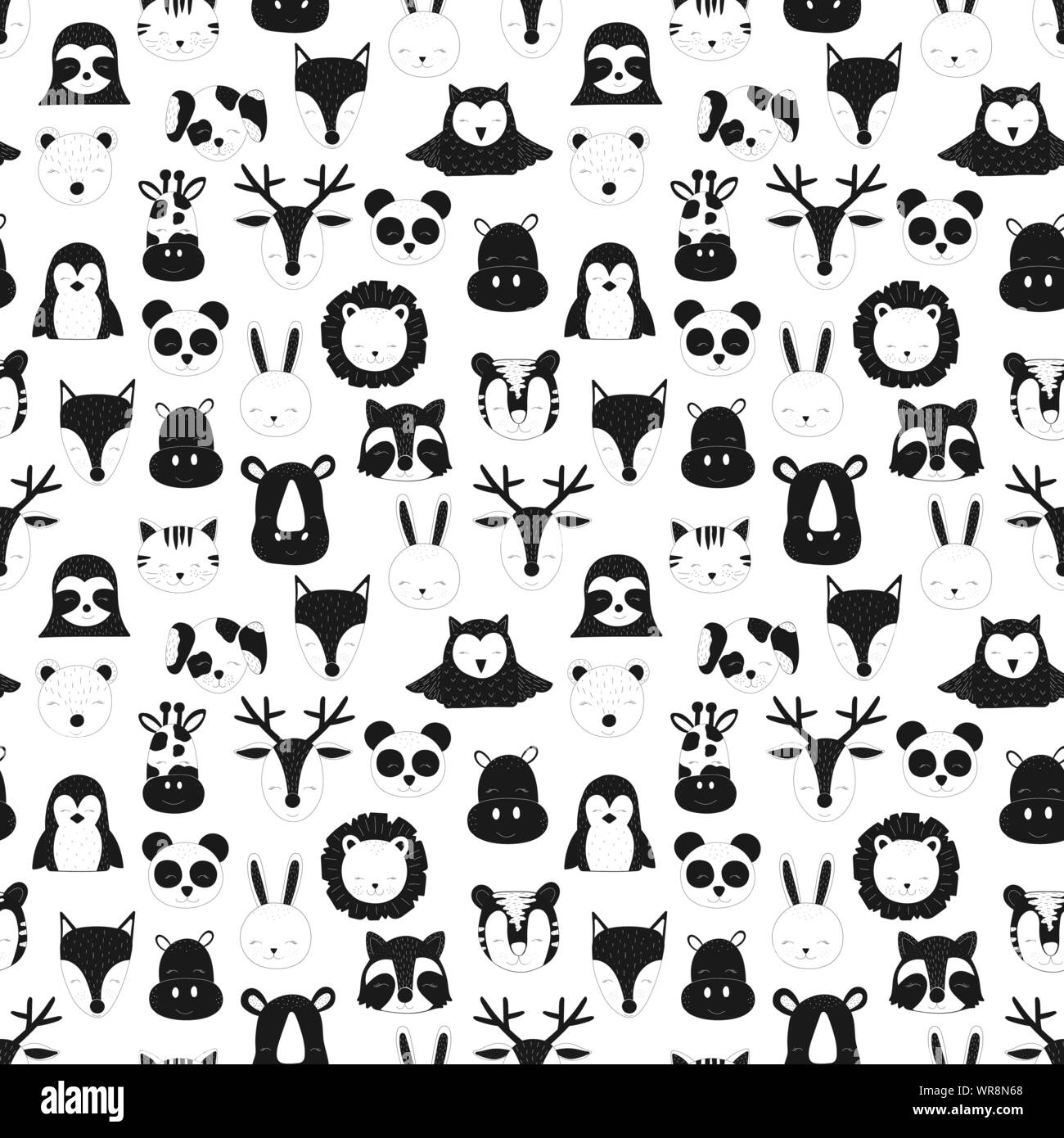 Pattern of scandinavian animals. Vector image of fox, deer, owl, sloth, rhino, cat, hippo, giraffe, lion, penguin, hare, raccoon, dog, bear, tiger. Fo Stock Vector