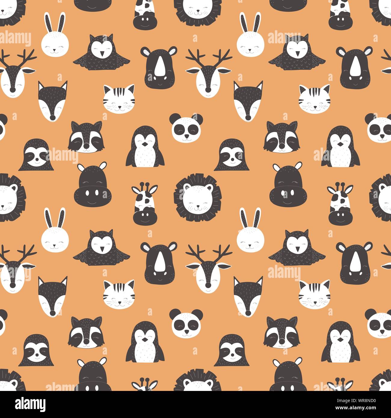 Pattern of scandinavian animals. Orange background. Vector image of fox, deer, owl, sloth, rhino, cat, hippo, giraffe, lion, penguin, hare, raccoon. F Stock Vector
