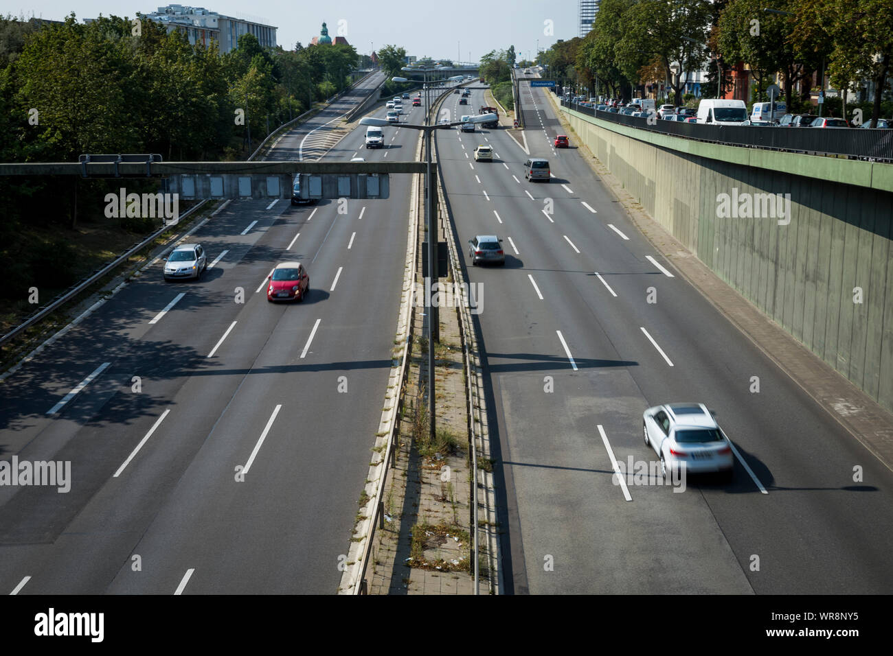 Traffic on an autobahn passing through the south of the city in Berlin ...