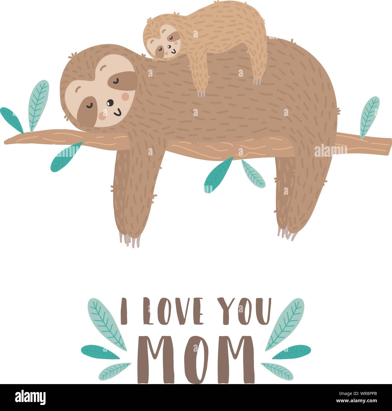 Vector isolated image of a cute sloth with baby on the branch. Hand ...