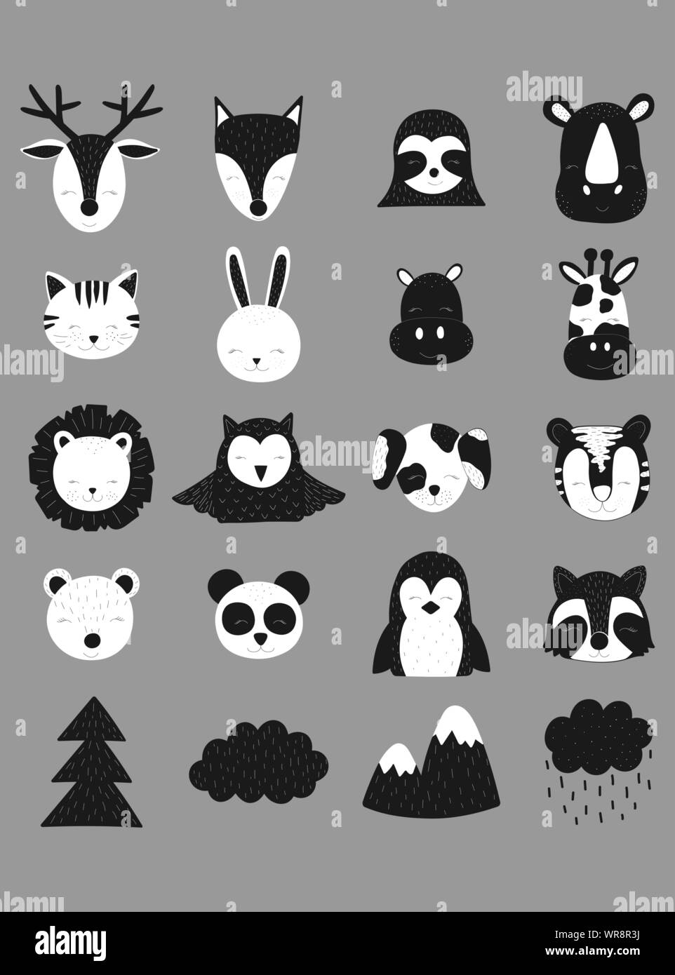 Scandinavian vector illustration. Hand-drawn cute animals. Deer, fox, sloth, rhinoceros, cat, hare, hippopotamus, giraffe, lion, owl, dog, tiger, bear Stock Vector