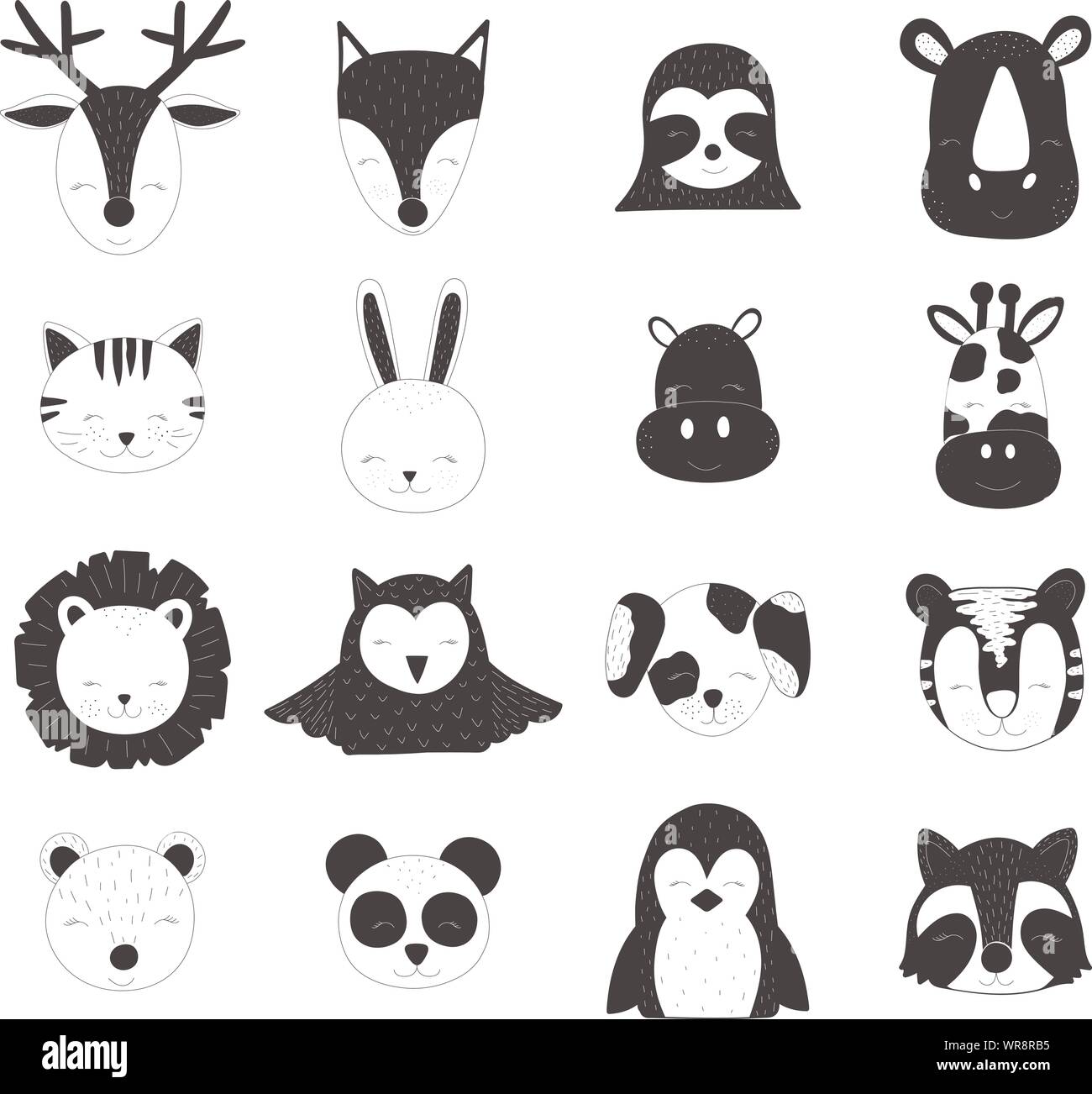 Scandinavian vector children illustration. Hand-drawn cute black animals for baby. Deer, fox, sloth, rhinoceros, cat, hare, hippopotamus, giraffe, lio Stock Vector