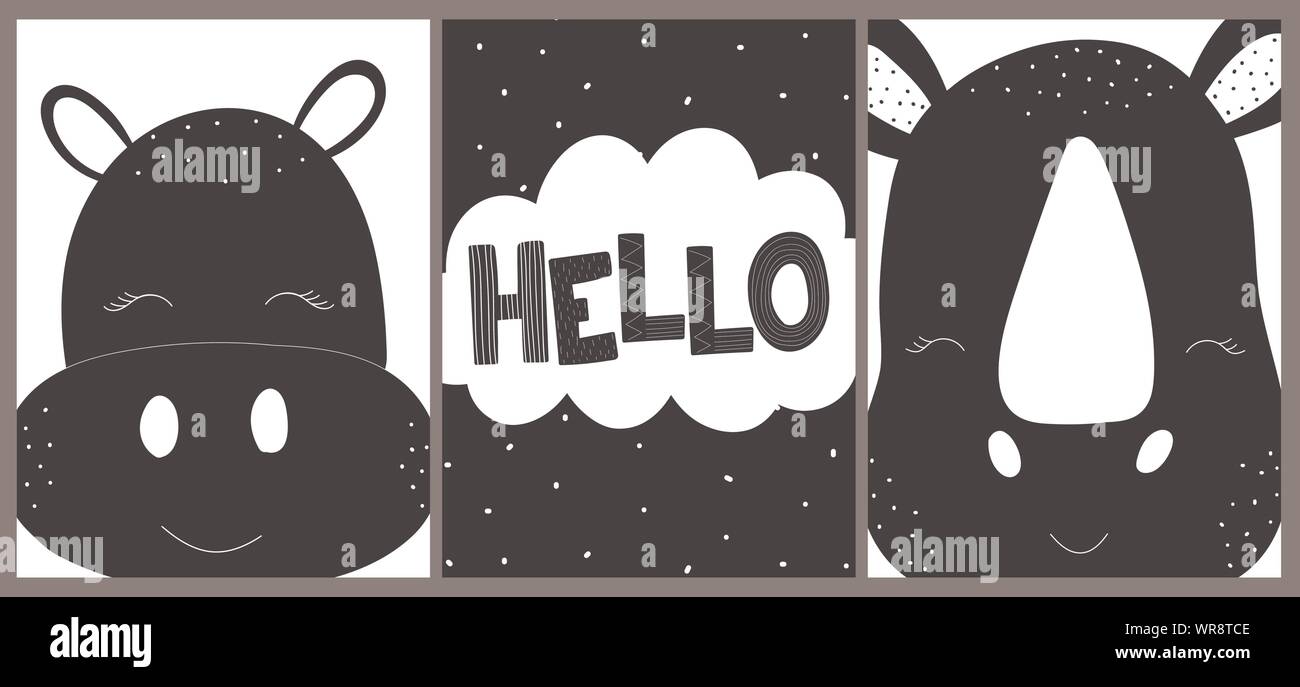 Сollection of cards, banners, posters for children. Vector black and white hand-drawn scandinavian illustration of hippo, rhino, cloud, hello. Images Stock Vector