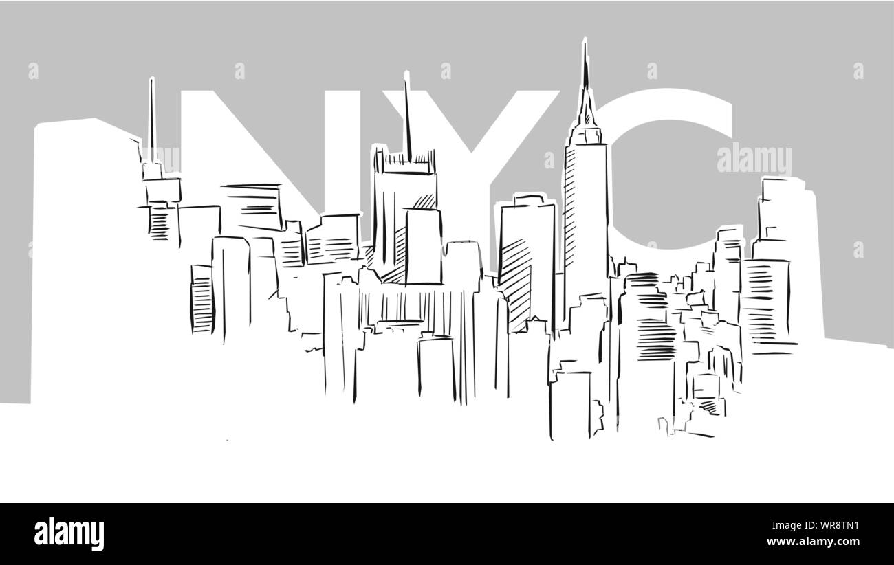 Metropolis Panorama Skyline Vector Sketch. Hand Drawn Illustration on grey background. Stock Vector