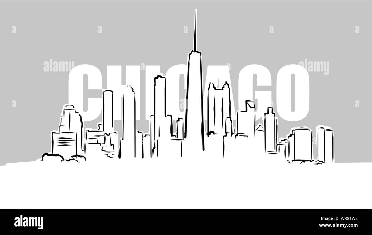 Chicago Panorama Skylinie. View from Michigan Lake, Hand Drawn Vector Illustration Stock Vector