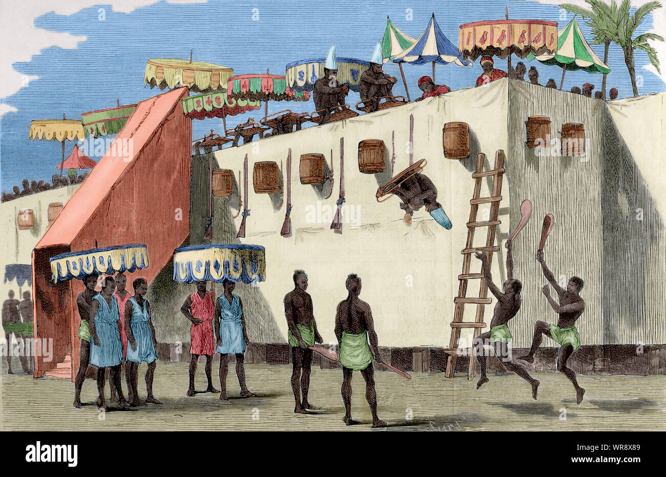 The Annual Customs of Dahomey. The main yearly celebration in the Kingdom of Dahomey (currently Benin), held at the capital, Abomey, in early autumn as a tribute to the invisible spirits. At that time, taxes were collected, the price was fixed in current currency, military and civilian commanders were appointed, good deeds were rewarded and criminals were severely punished, from which the victims destined for the Annual Customs were chosen. On the assigned day they appeared on a high platform and, in baskets, were thrown into a void, dying beheaded by the executioners. Engraving by Capuz. La I Stock Photo