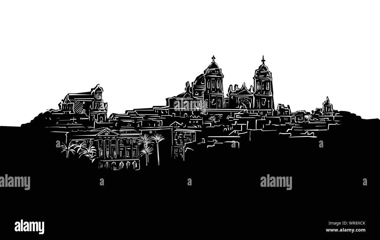 Cadiz, Andalusia, Panorama Silhouette Drawing. Hand-drawn illustration in the form of a woodcut for digital and print projects. Stock Vector