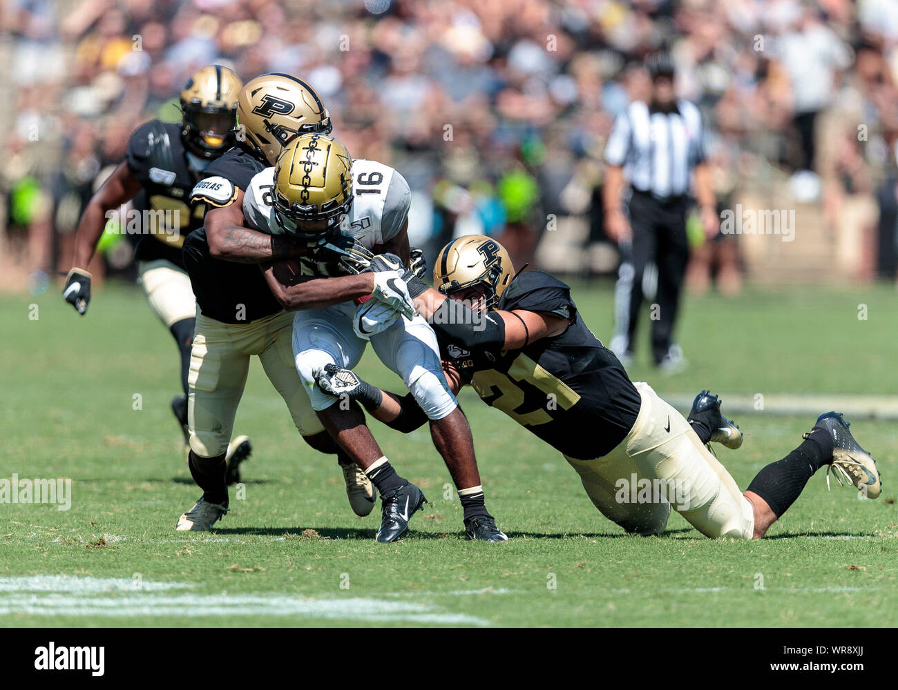 September 07, 2019: Vanderbilt wide receiver Kalija Lipscomb (16) runs with the ball as Purdue linebacker Markus Bailey (21) attempts to make the tackle during NCAA football game action between the Vanderbilt Commodores and the Purdue Boilermakers at Ross-Ade Stadium in West Lafayette, Indiana. Purdue defeated Vanderbilt 42-24. John Mersits/CSM. Stock Photo