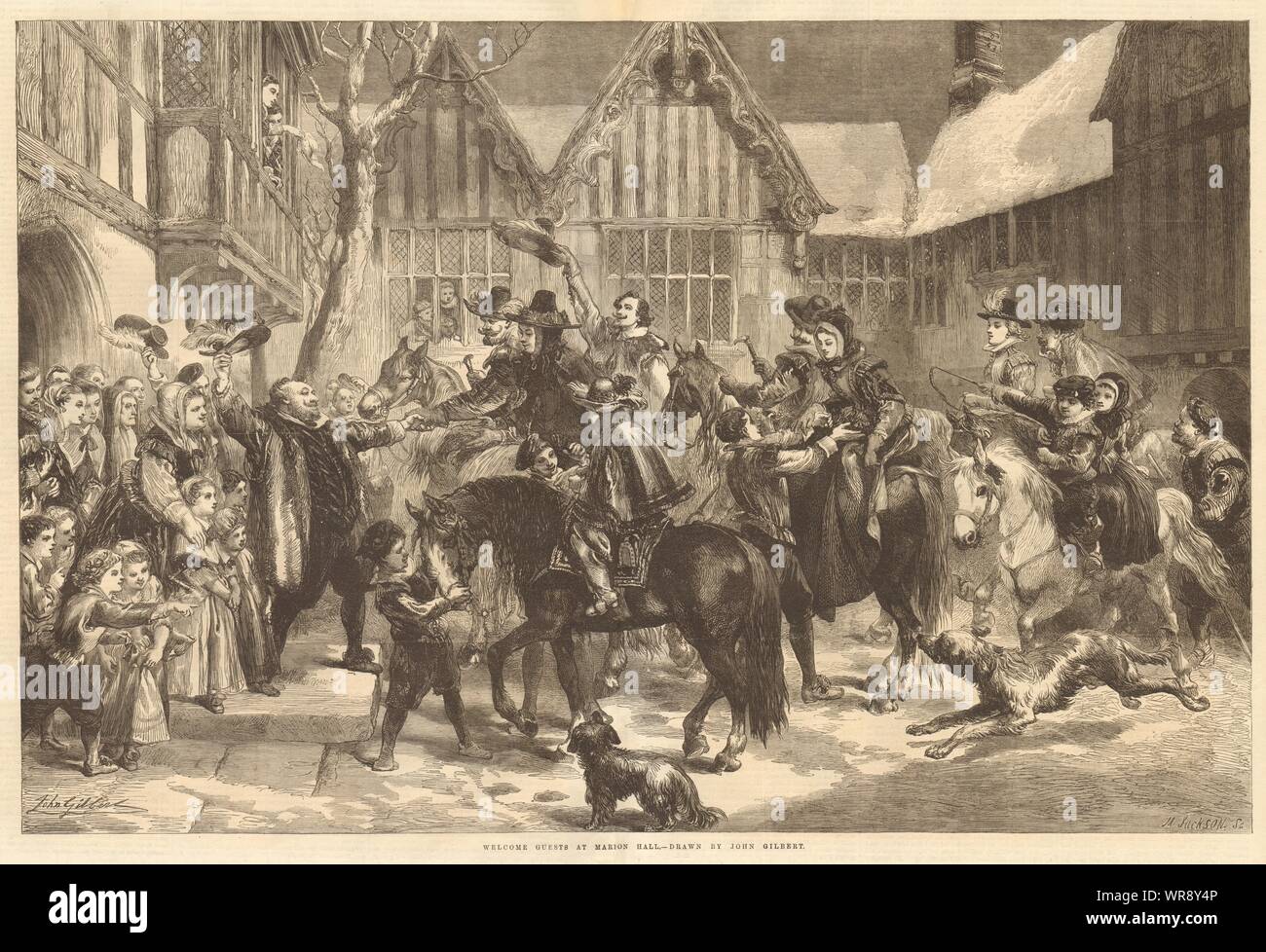 Welcome guests at Mardon Hall, by John Gilbert. England. Historic Houses 1867 Stock Photo