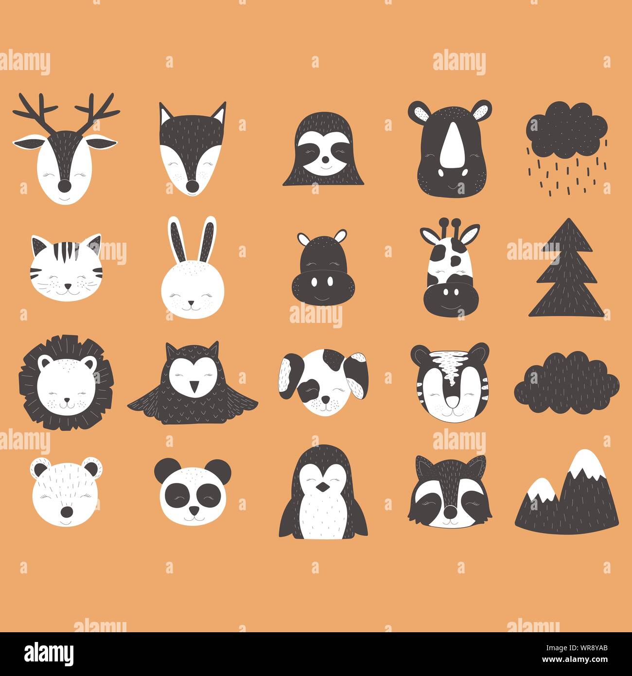 Scandinavian vector illustration for kids. Hand-drawn animals. Deer, fox, sloth, rhinoceros, cat, hare, hippopotamus, giraffe, lion, owl, dog, tiger, Stock Vector