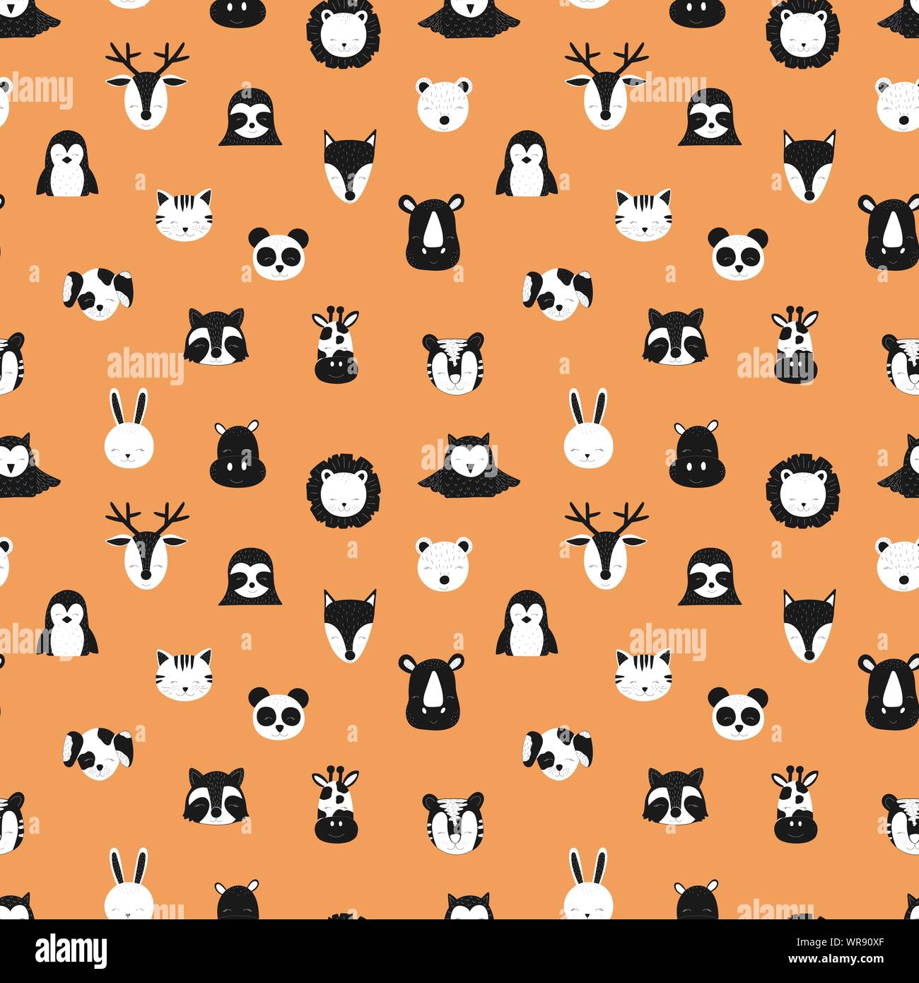 Pattern of scandinavian animals. Orange background. Vector image of fox, deer, owl, sloth, rhino, cat, hippo, giraffe, lion, penguin, hare, raccoon. F Stock Vector