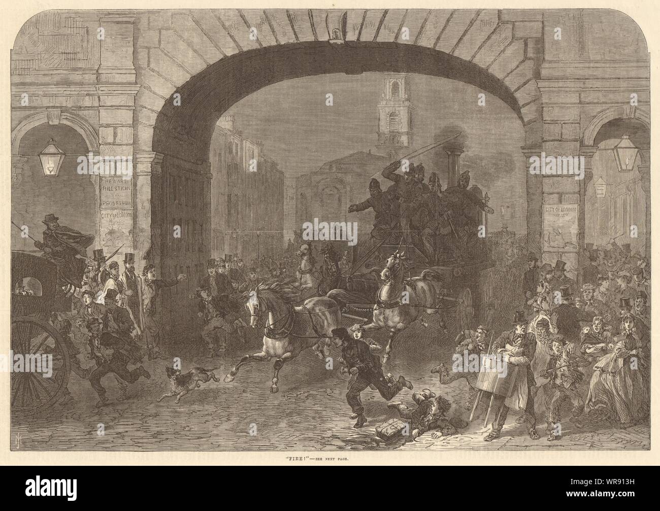 Fire engine. Temple Bar. Fleet Street, Strand. London. Disasters 1869 Stock Photo