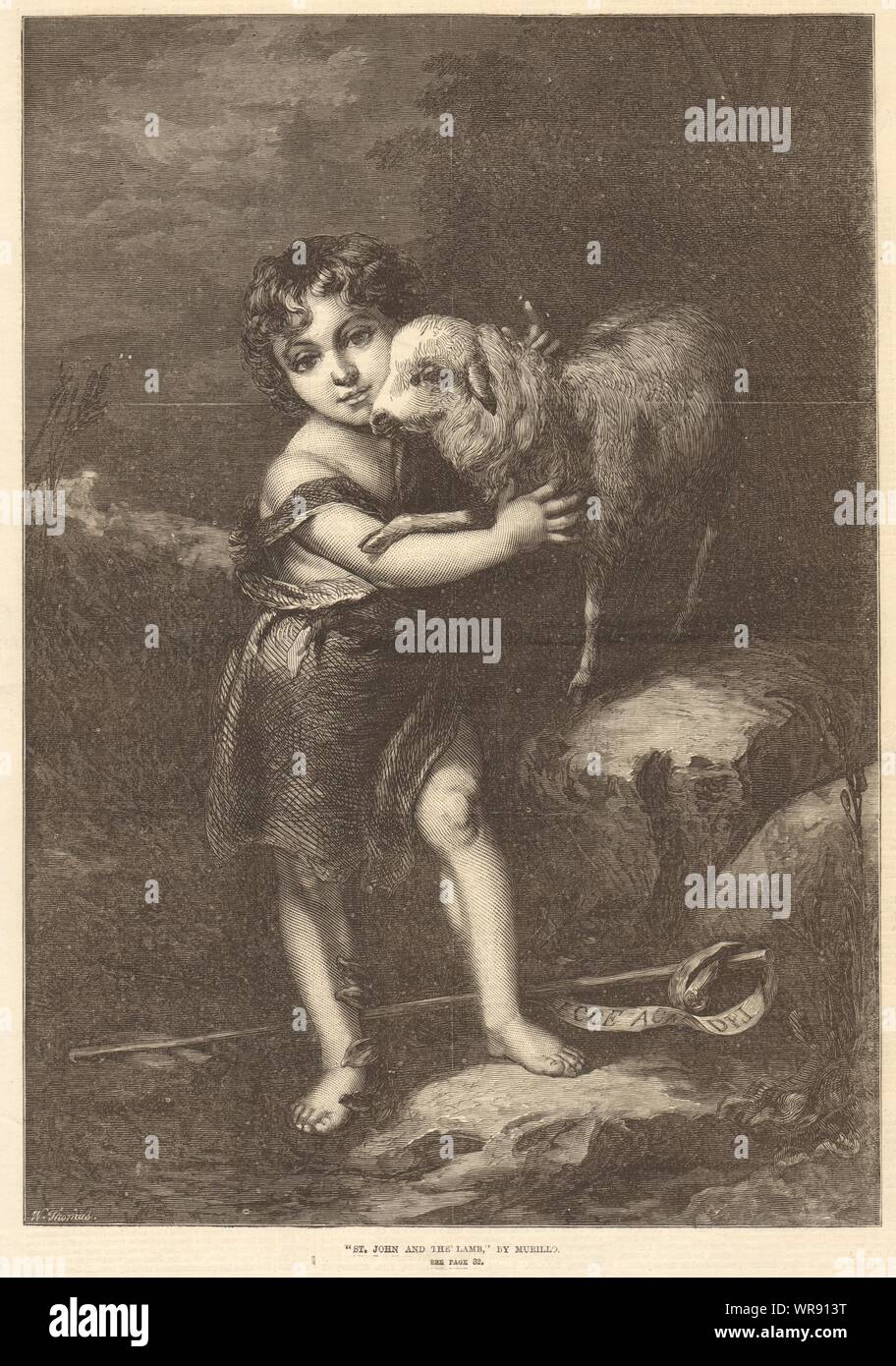 'St. John & the lamb,  by Murillo. Fine Arts. Bible 1870 ILN full page print Stock Photo