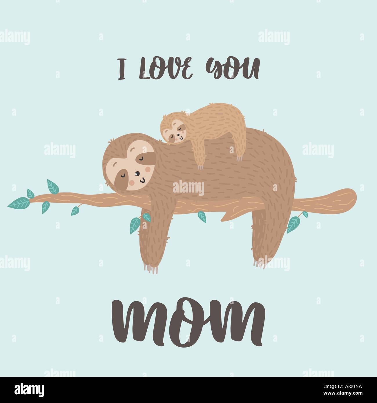 Vector Image Of A Cute Sloth With Baby On The Green Background Hand Drawn Cartoon Illustration For Children Tropical Summer Holiday Card Banner Stock Vector Image Art Alamy