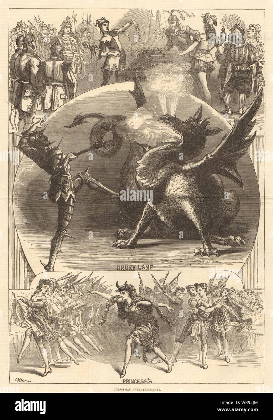 St George & the Dragon. Christmas entertainments. Theatre 1870 ILN full page Stock Photo