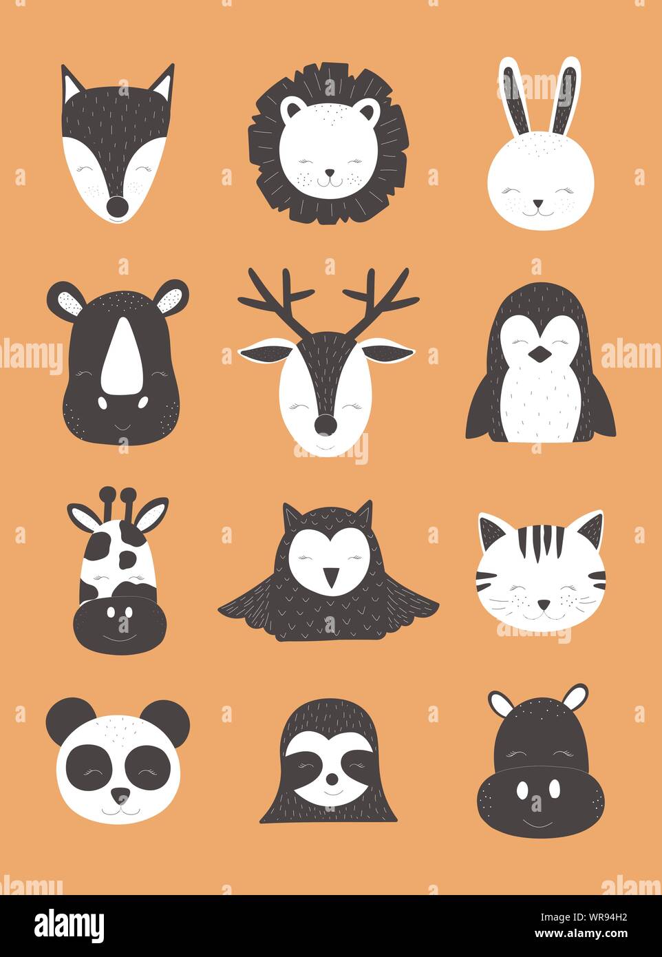 Scandinavian vector children illustration. Hand-drawn baby black and white animals on the orange background. Deer, fox, sloth, rhinoceros, cat, hare, Stock Vector