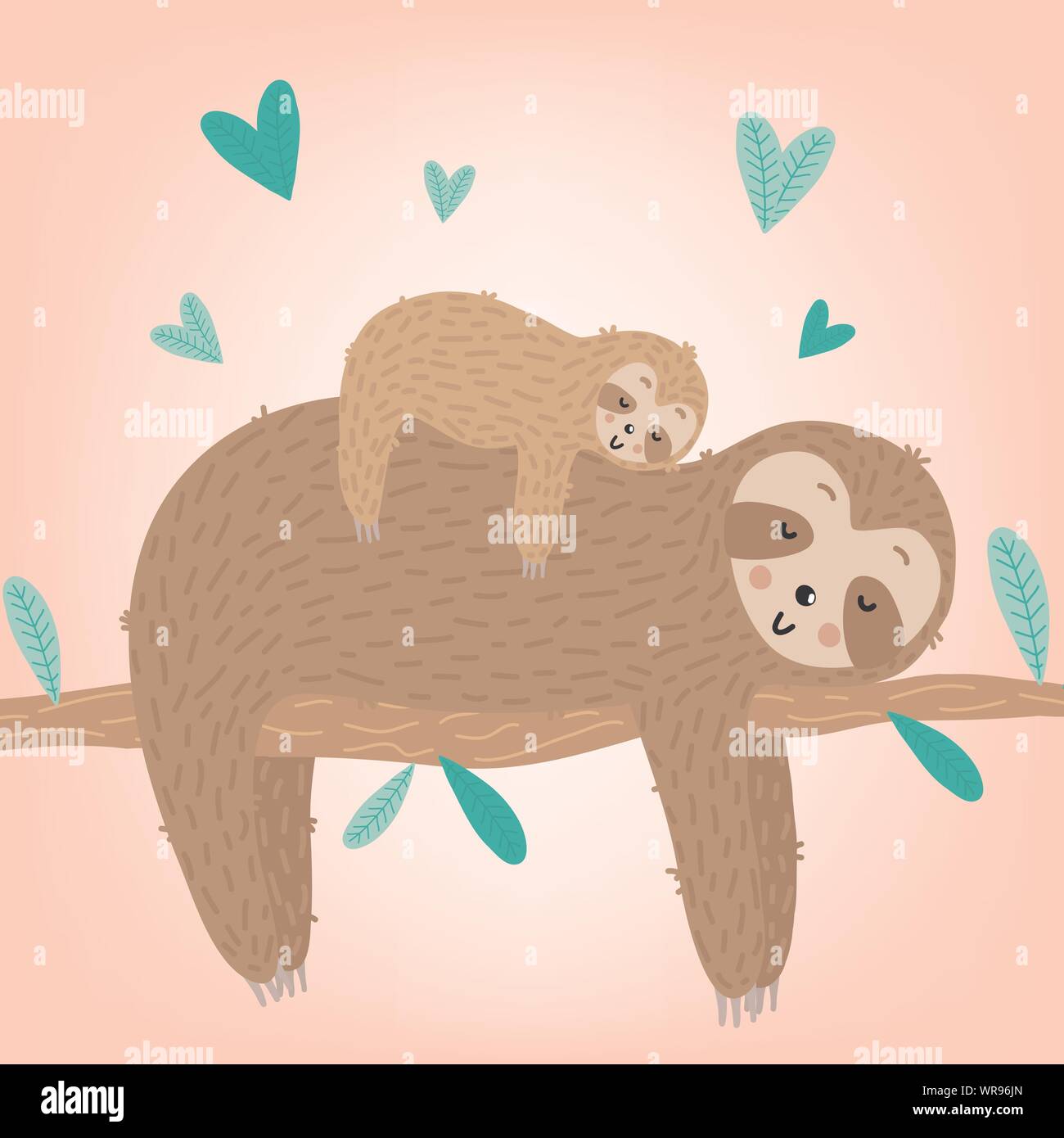 Vector image of a cute sloth with baby and hearts on the branch. Hand ...