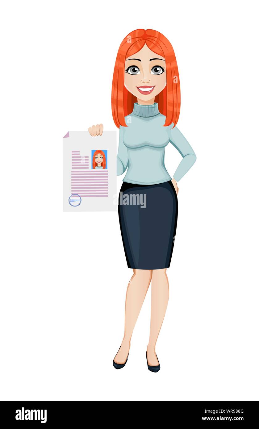 Young beautiful redhead business woman holding document. Cute ...
