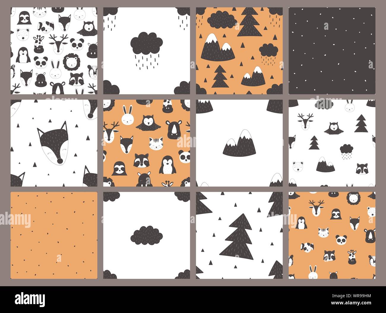 Collection of seamless children patterns. Vector hand-drawn black and white baby Scandinavian illustration. Pattern for banner, postcard, textile, pri Stock Vector