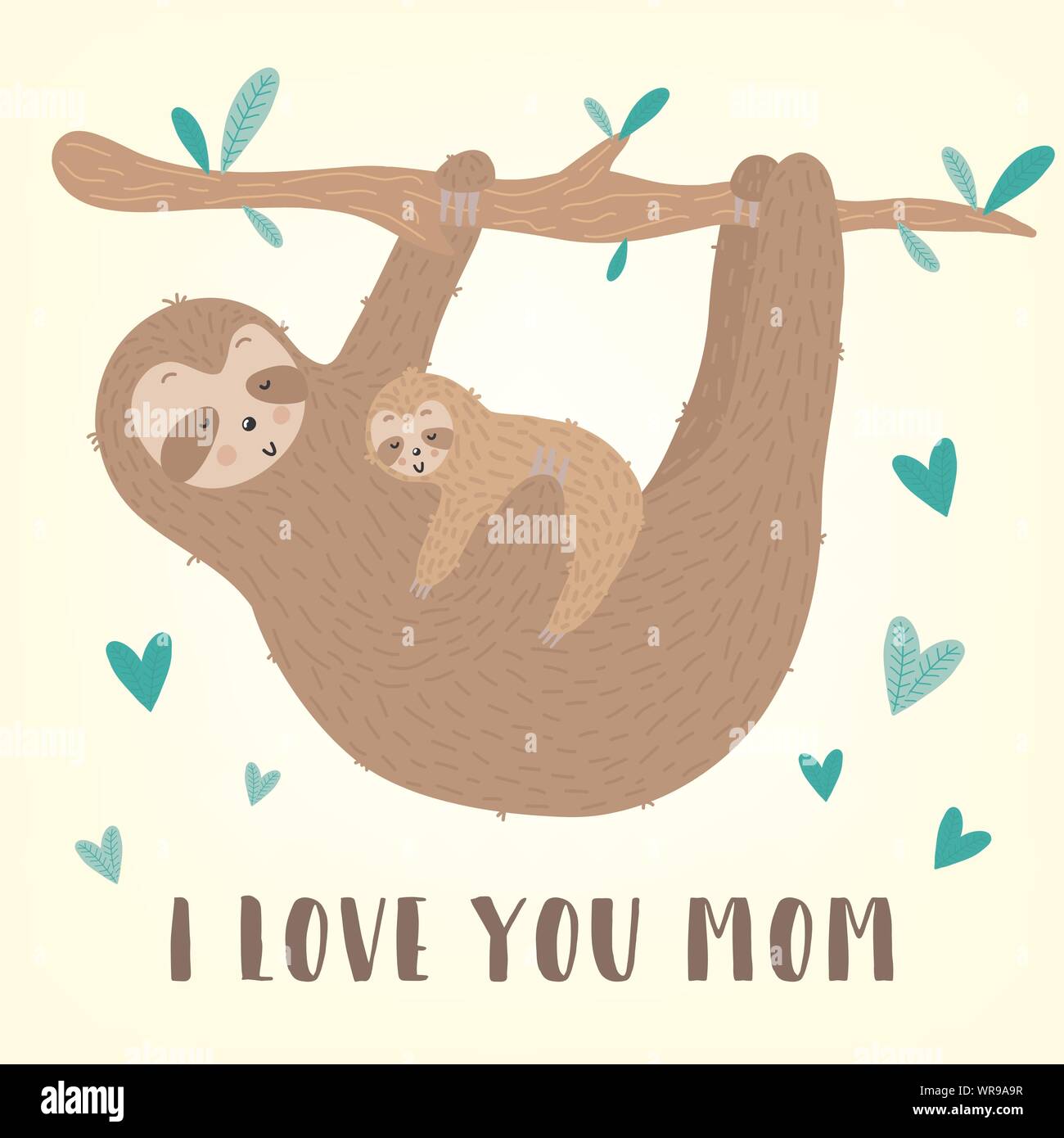 Vector image of a cute sloth with baby and hearts on the branch. Hand ...