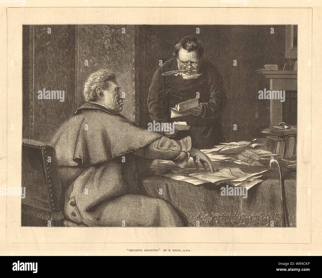 Squaring accounts', by E. Nicol, A. R. A. Portraits. Finance 1876 ILN print Stock Photo