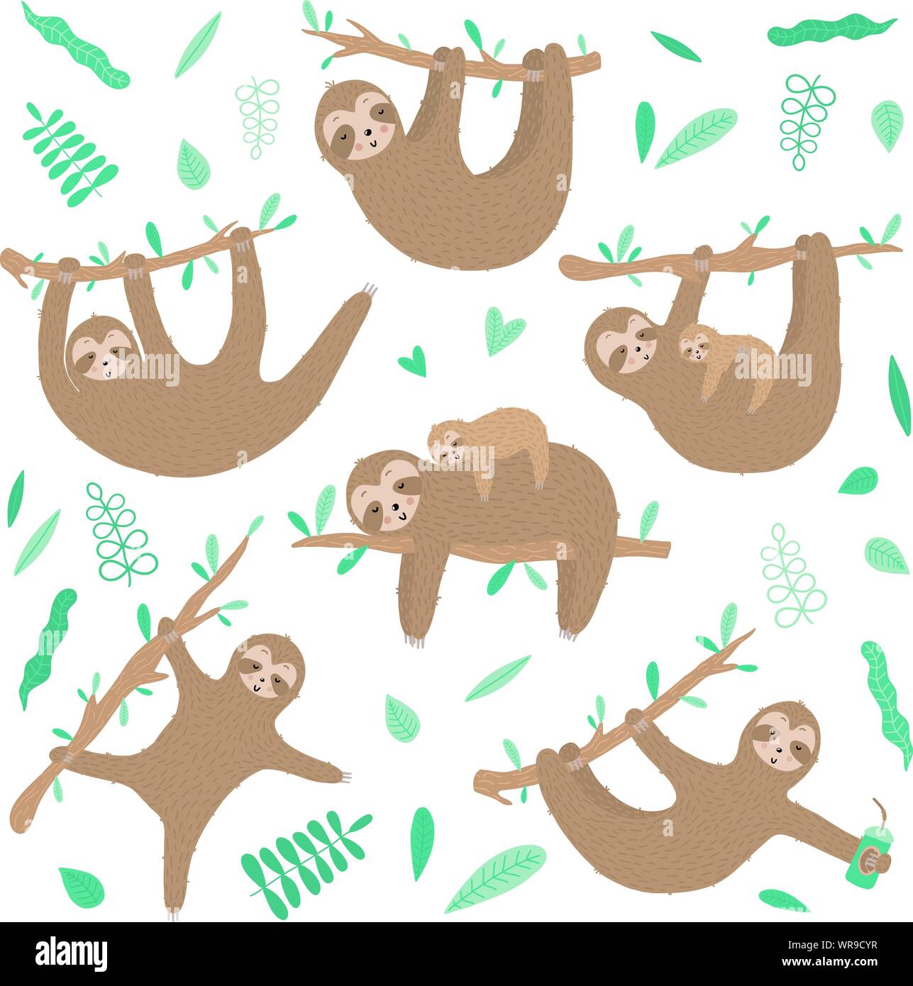 Vector collection of cute sloths. Hand-drawn cartoon illustration of a sloth hanging on a branch for children, a tropical summer, holiday, greeting ca Stock Vector