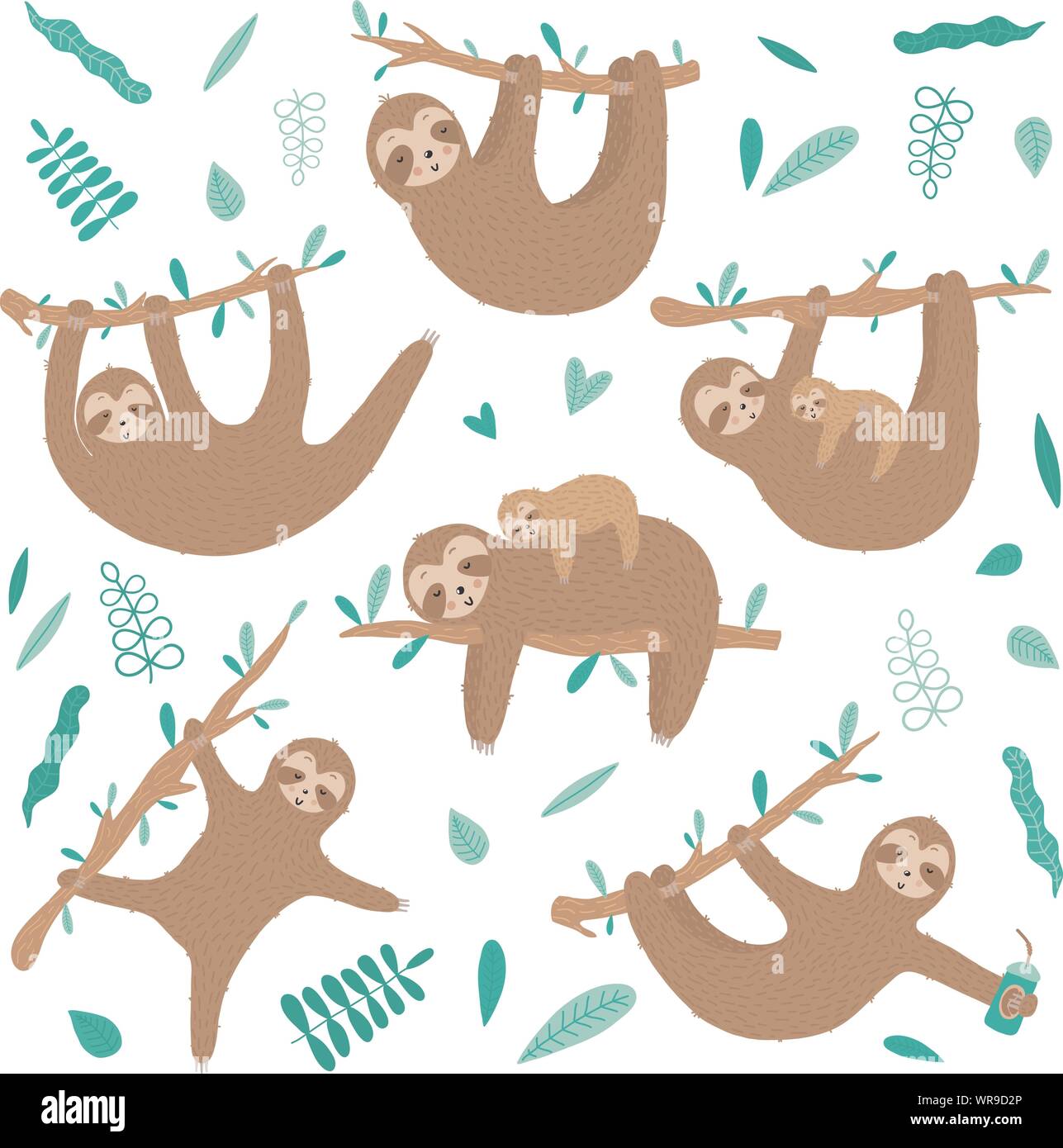 Vector collection of cute sloths. Hand-drawn cartoon illustration of a sloth hanging on a branch for children, a tropical summer, holiday, greeting ca Stock Vector