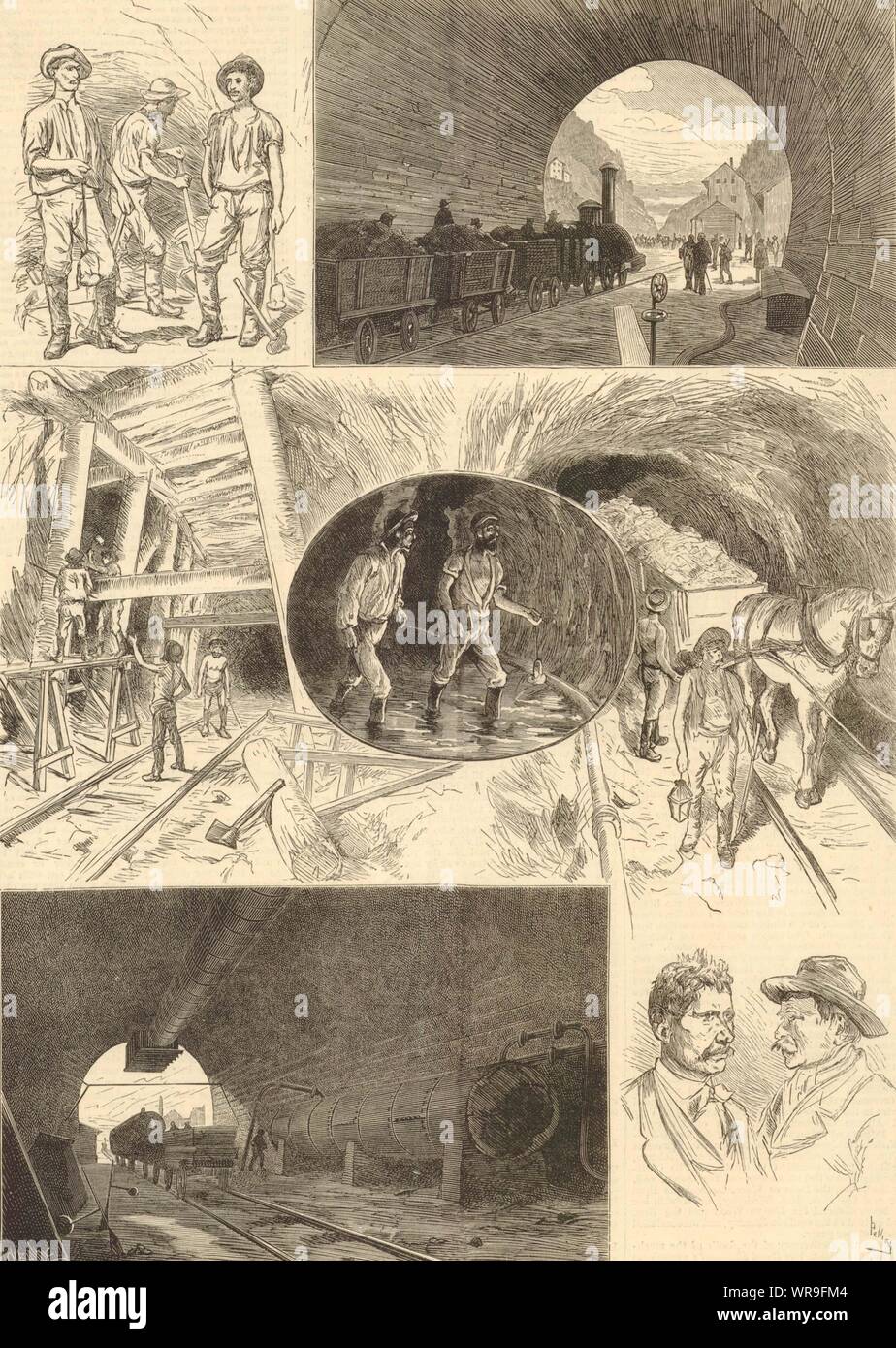 St Gotthard Tunnel. Göschenen mouth. Airolo. Workmen. Neccaraviglia Chisso 1880 Stock Photo