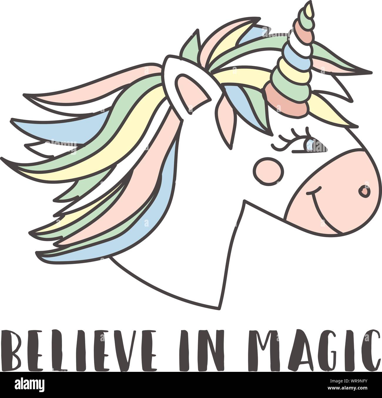 Vector image of the head of a merry unicorn and inscription Believe in ...