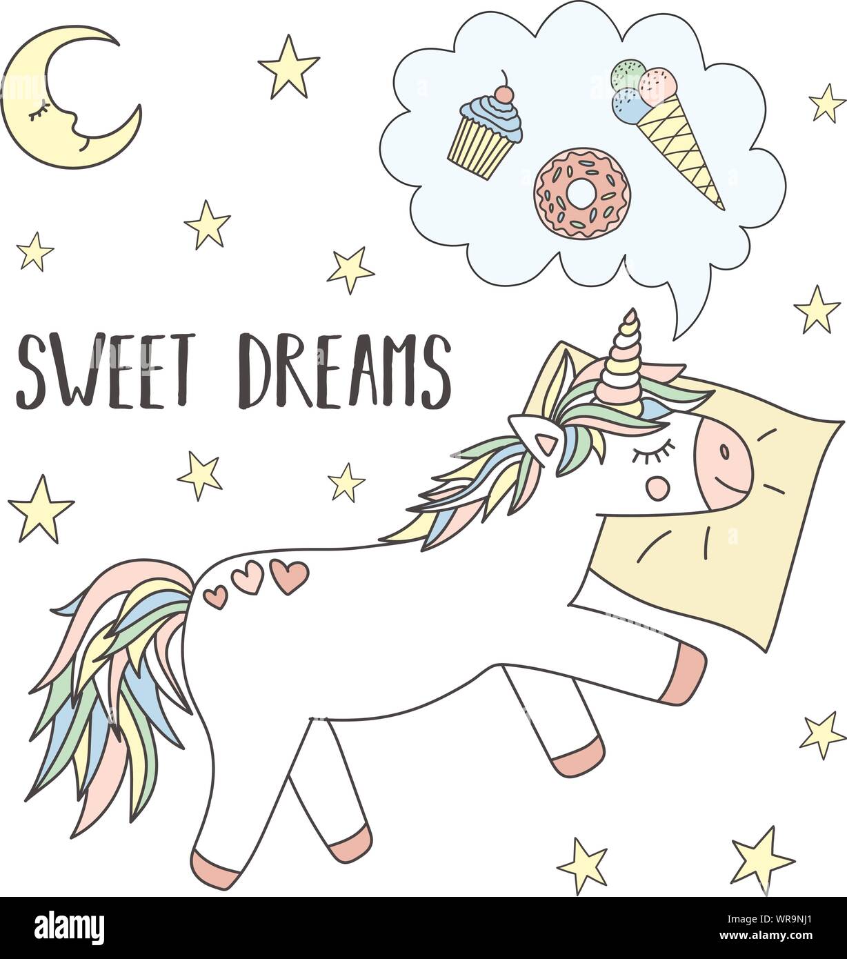 Vector image of a sleeping unicorn on a pillow with stars and the moon ...