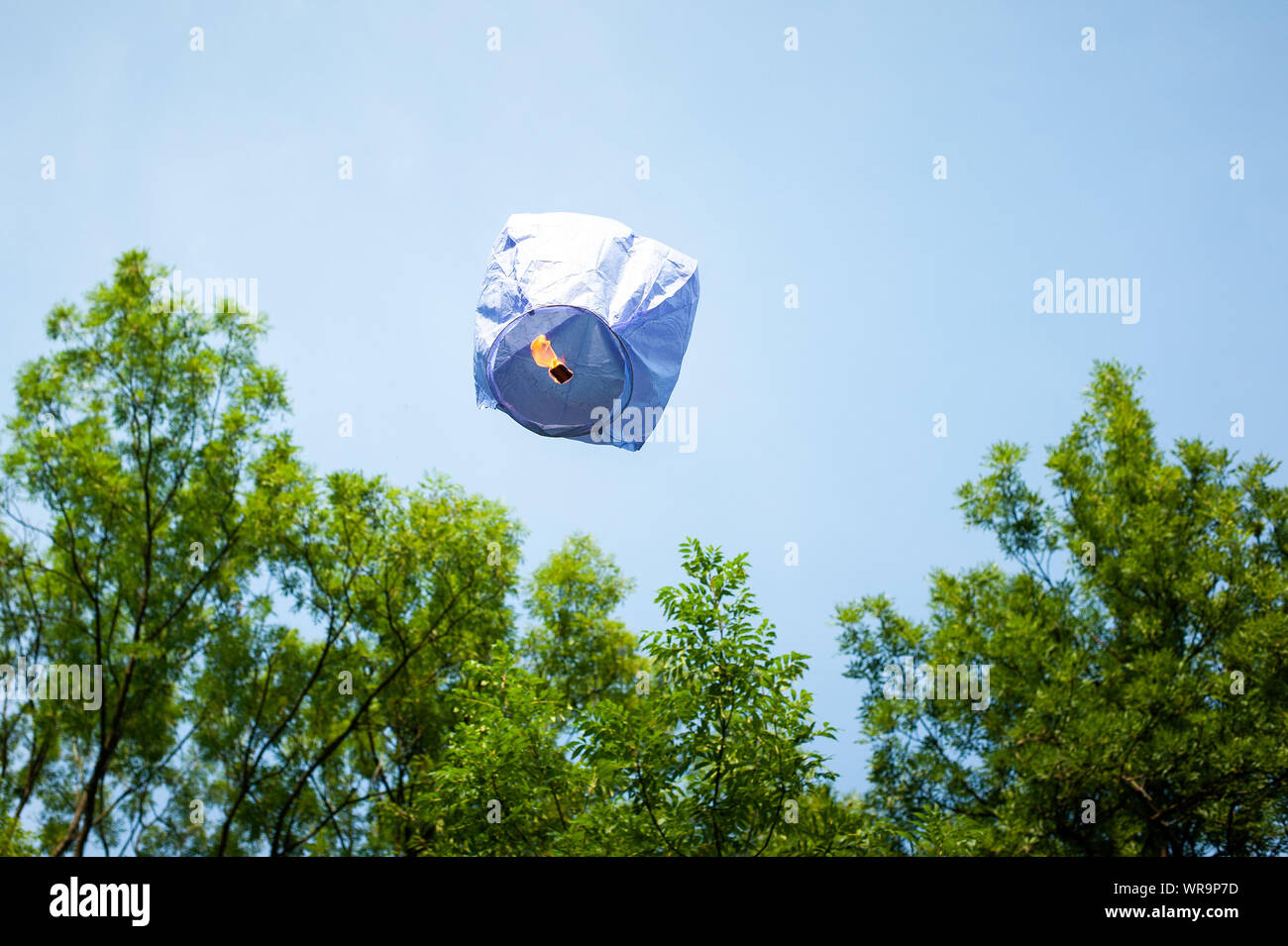 Blue lampion rising to the sky. Stock Photo