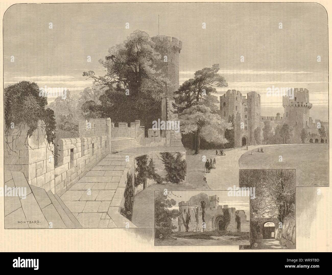 Warwick Castle. Castle Yard Keep Danish Mount. Warwickshire 1886 ILN full page Stock Photo