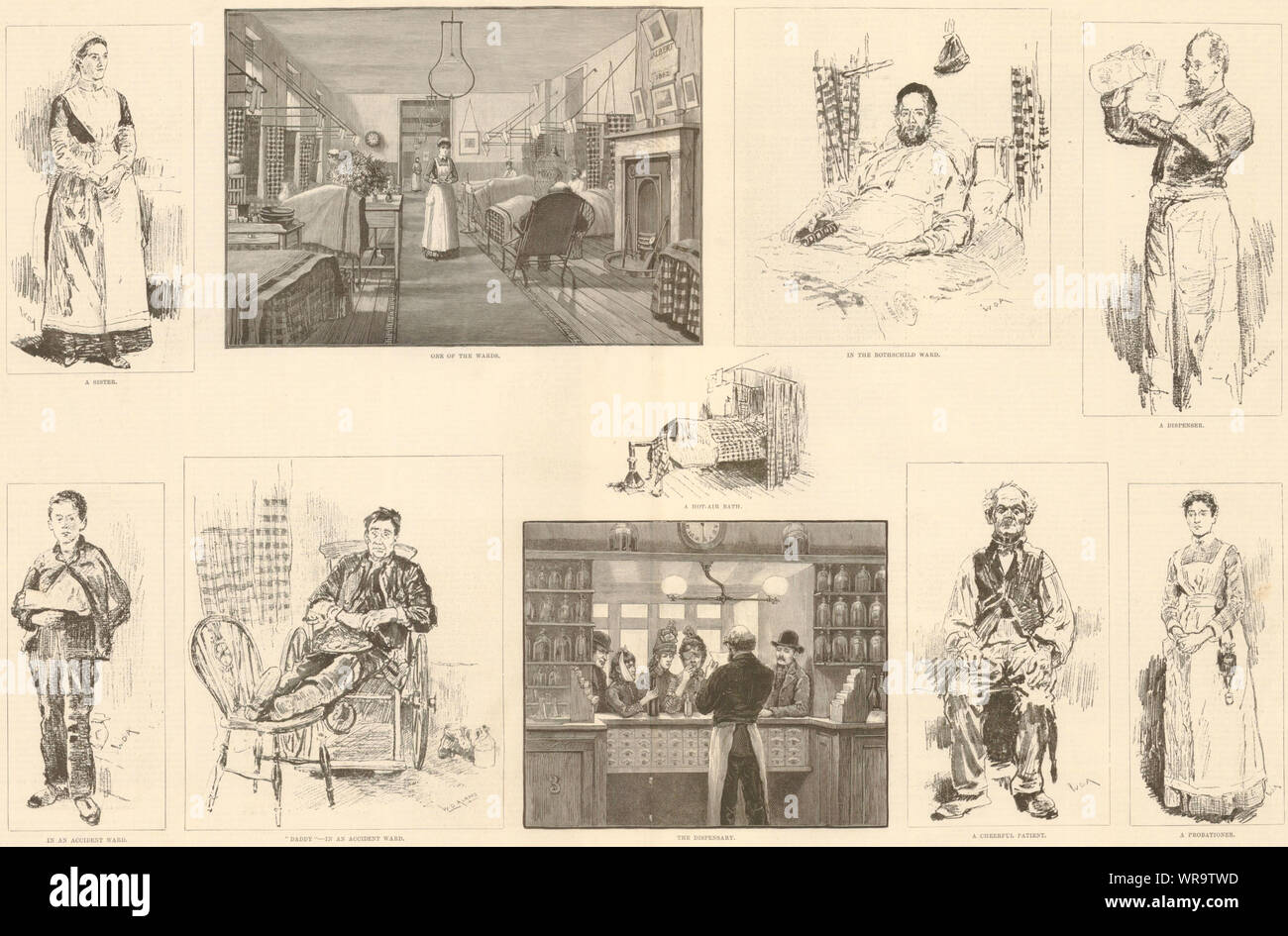 Sketches at the Royal London Hospital, Whitechapel. Medical 1888 ILN full page Stock Photo