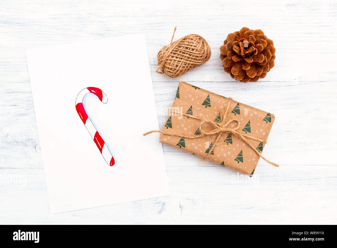 Hand made Christmas gift and watercolor candy cane. Flat lay Stock ...