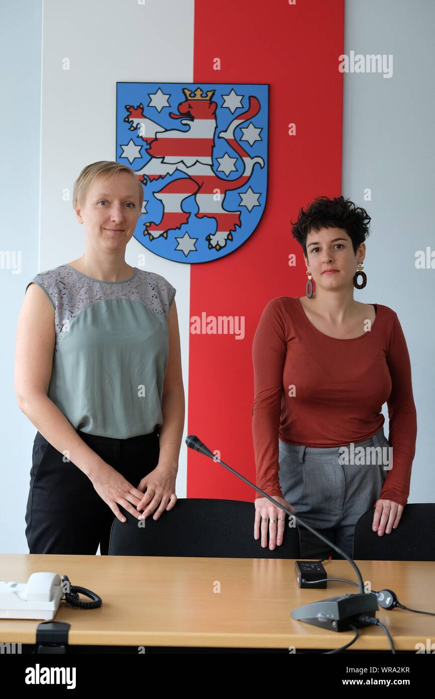 Erfurt, Germany. 10th Sep, 2019. Christina Lüdtke (l) and Lea Briand from  the transparency organization Abgeordnetenwatch give a press conference  in the Thuringian parliament. Their online question portal was launched  just in