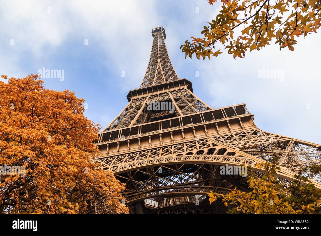 Low-angle shot of the Eiffel tower in Paris France on an autumn day surrounded by brown leaves of trees, tour Eiffel in the fall Stock Photo