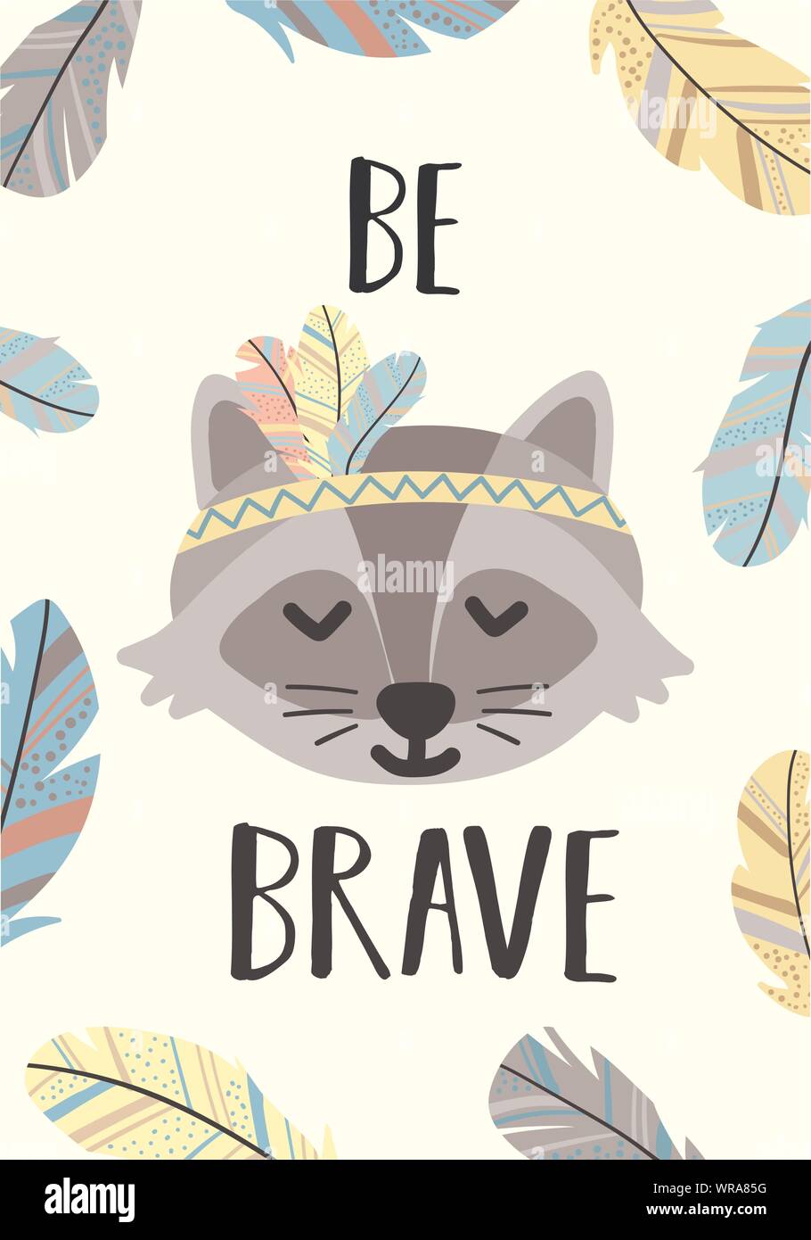 Vector image of a cute raccoon in Boho style. A cartoon hand-drawn illustration of animals with the inscription Be brave for use as a print for childr Stock Vector