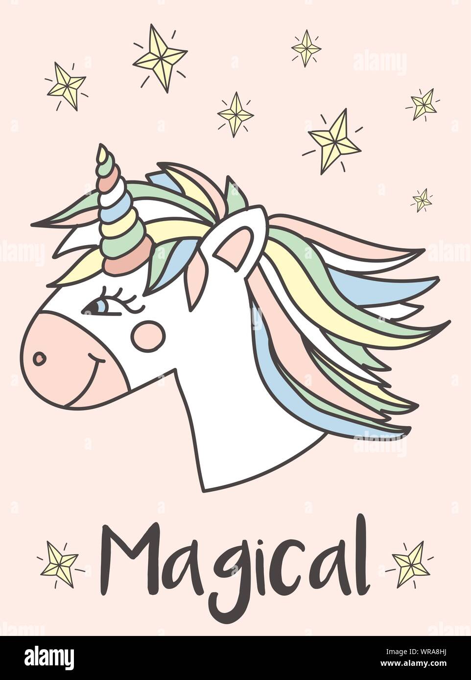 Vector image of the head of a merry unicorn, stars and the inscription ...