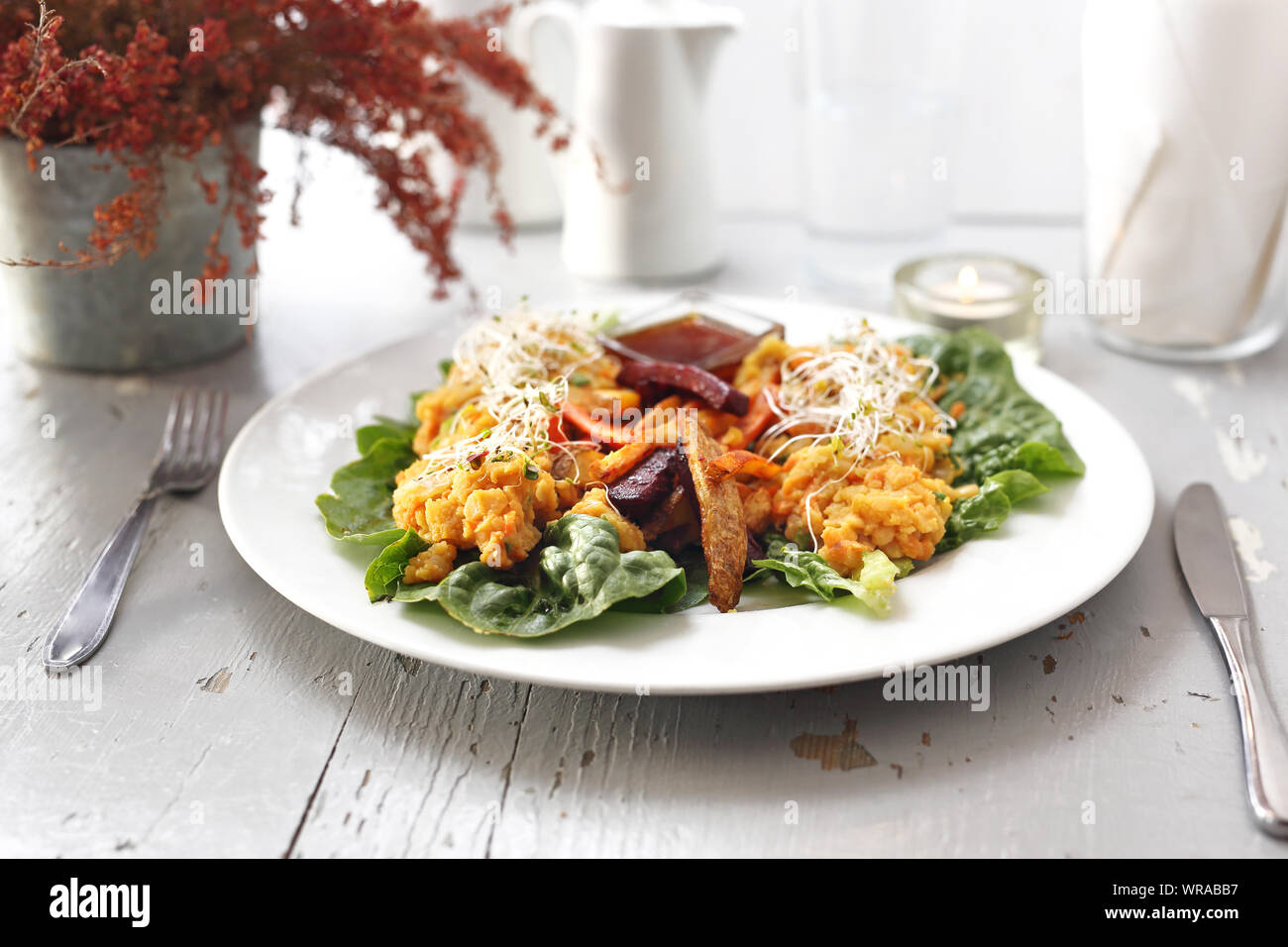 Baked vegetables, sweet potato, potato, celery, carrot, beet served with vegetable stew on iceberg lettuce. Stock Photo