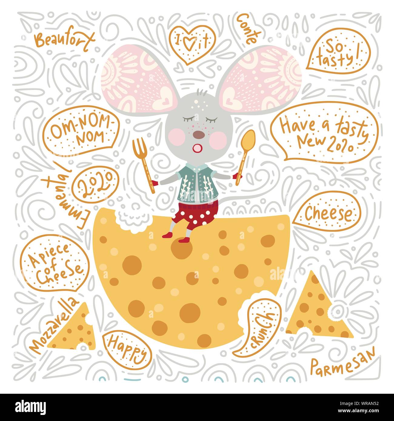 Chirstmas funny cartoon hand drawn mouse with cheese and text quotes card in a flat and doodle style. Winter vector poster with cute New Year mice. Stock Vector