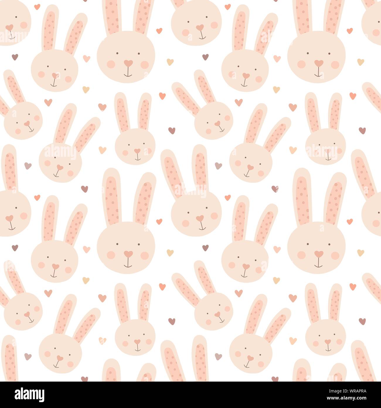 Seamless pattern of hand-drawn cute rabbits and hearts. Vector image of ...