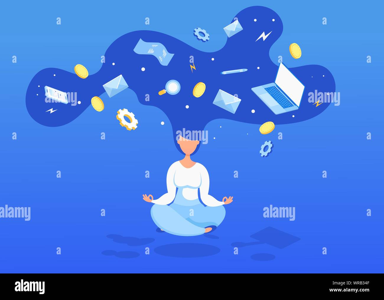 Business concept of time management, productivity and organization. Creative illustration of a levitating woman with coins, computers and a check. Stock Vector