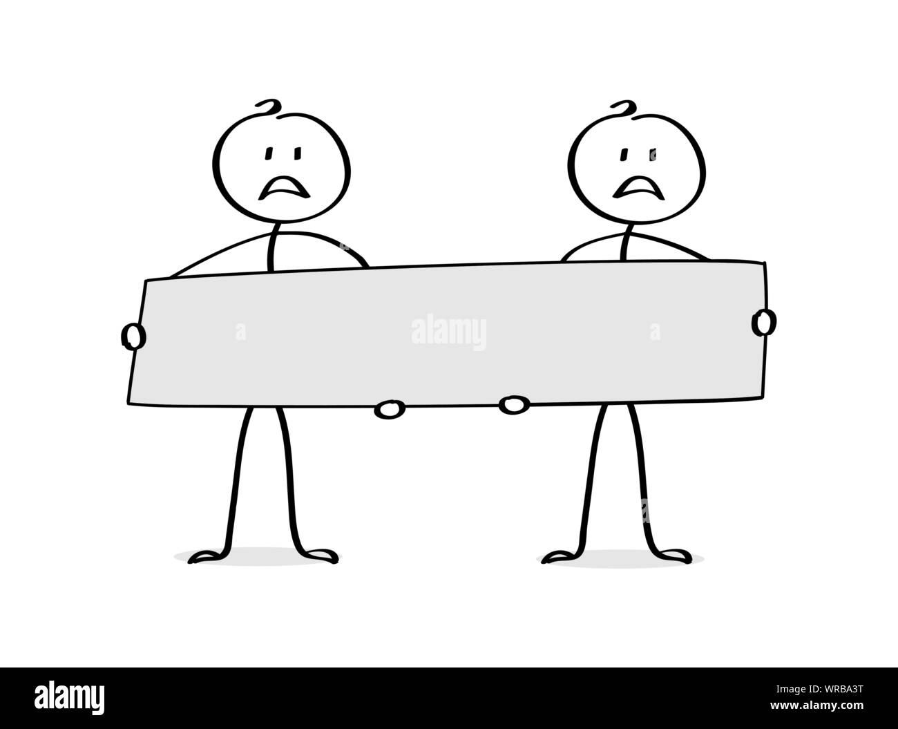 Two sad cartoon man holding a poster, a place for the text. Flat design. Stock Vector