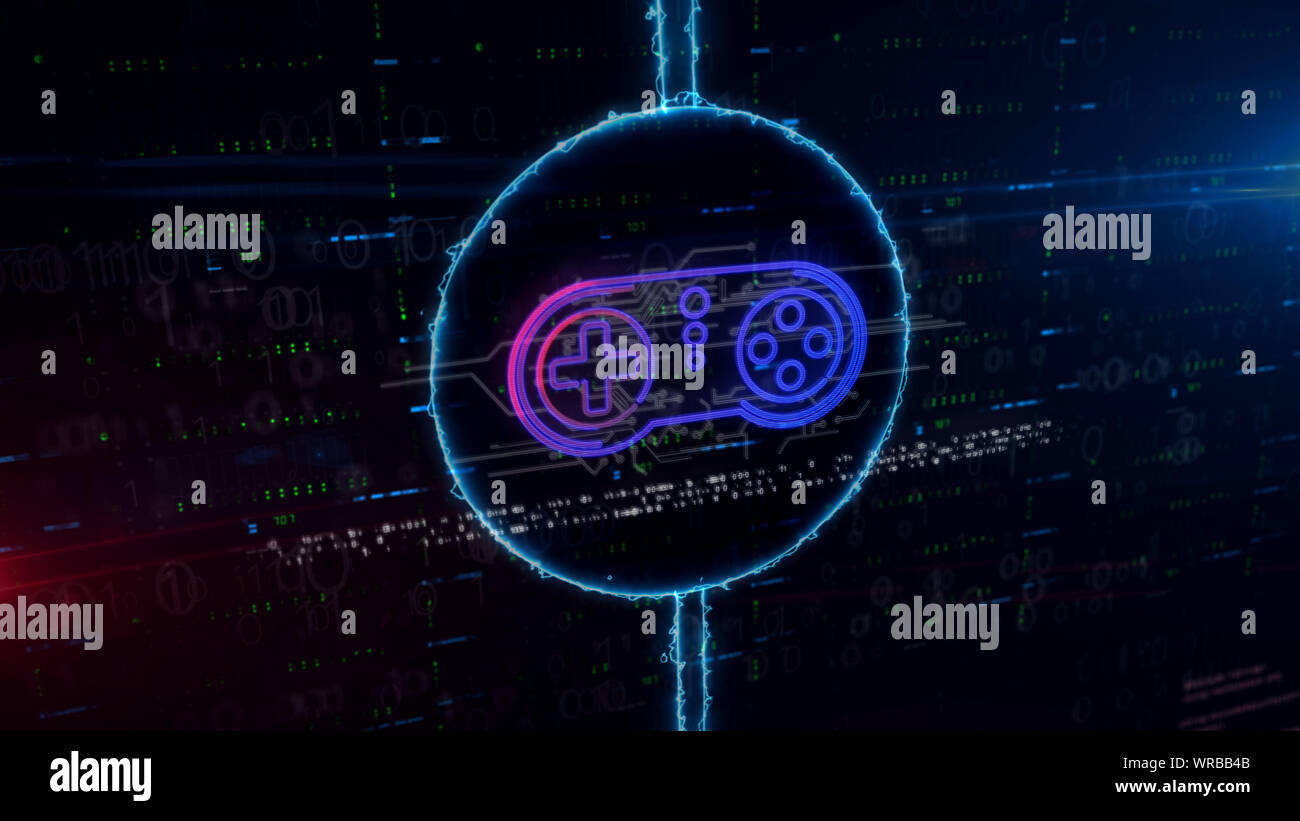 Game pad symbol hologram in dynamic electric circle on digital background. Modern concept of gaming, 5G, play and online game with light and glitch ef Stock Photo